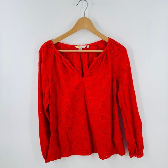 Boden Bright Red Broderie Blouse Floral Eyelet Split Neck Preppy Polished Size 8 - Picture 1 of 8